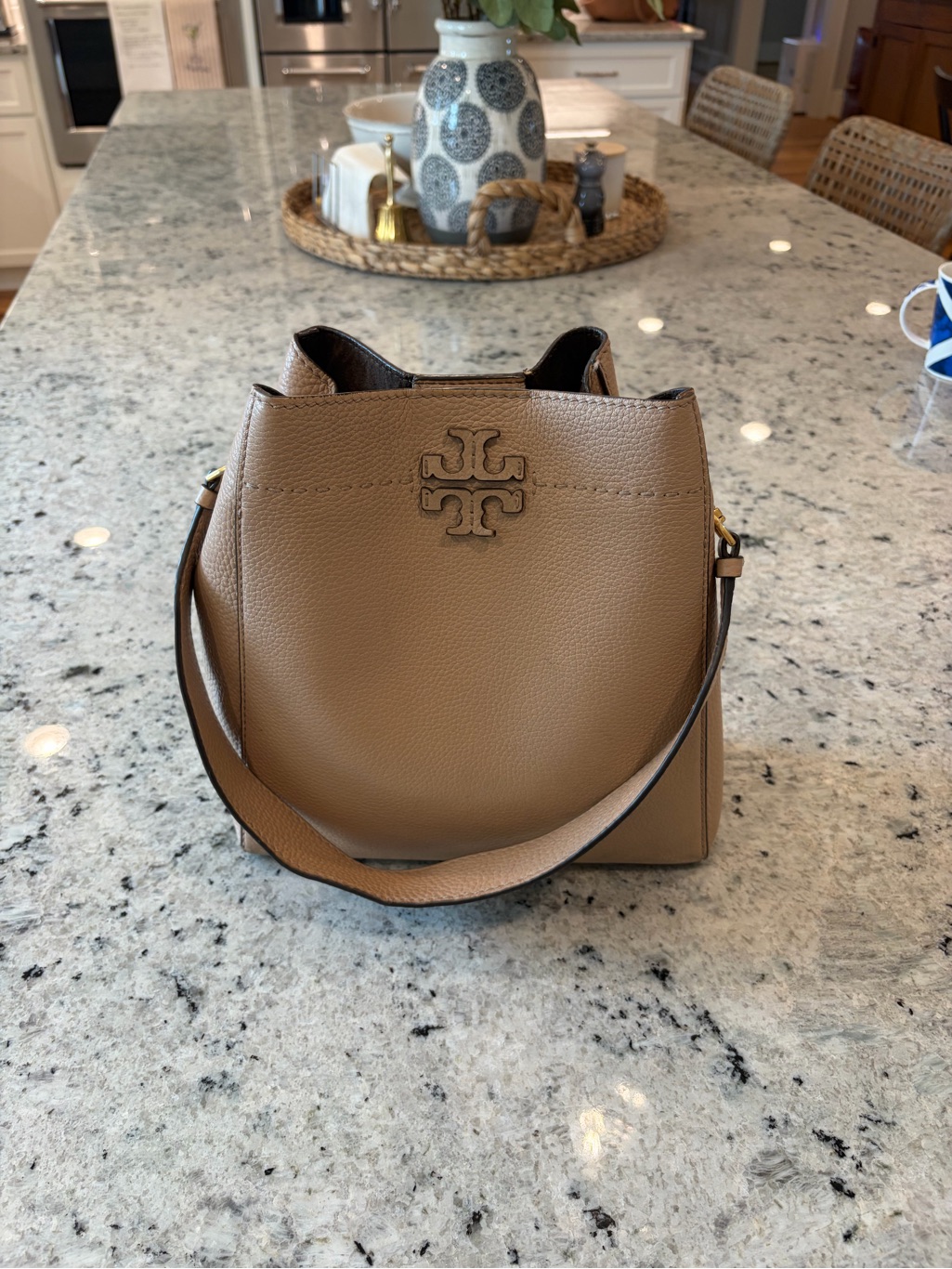 Tory Burch Cognac Pebbled Leather Shoulder Bucket Bag